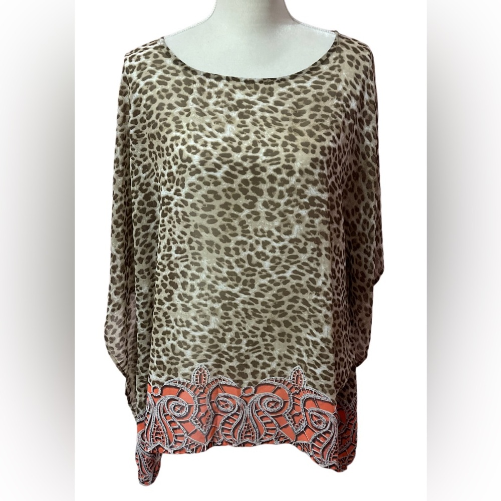 Chico's Womens Kimono Poncho Shirt Leopard Print Semi Sheer Size L/XL Boho Vacay